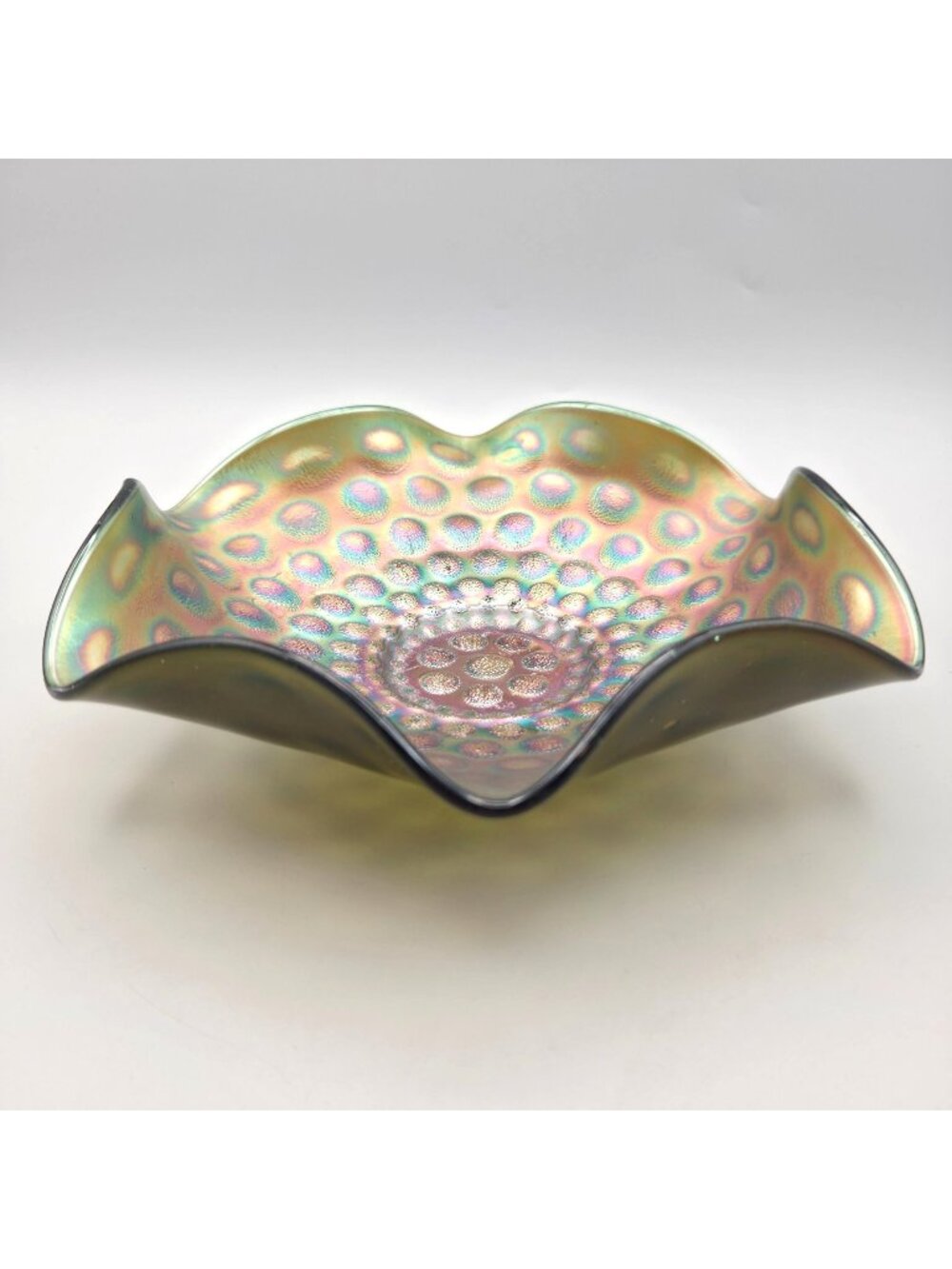 Fenton Coin Dot Carnival Glass Bowl Iridescent Green 9" Ruffled Edge